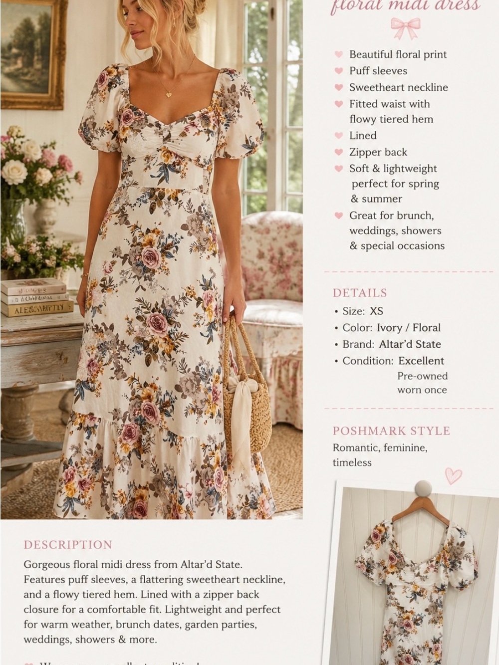 Altar'd State Ivory Floral Sweetheart Midi Dress